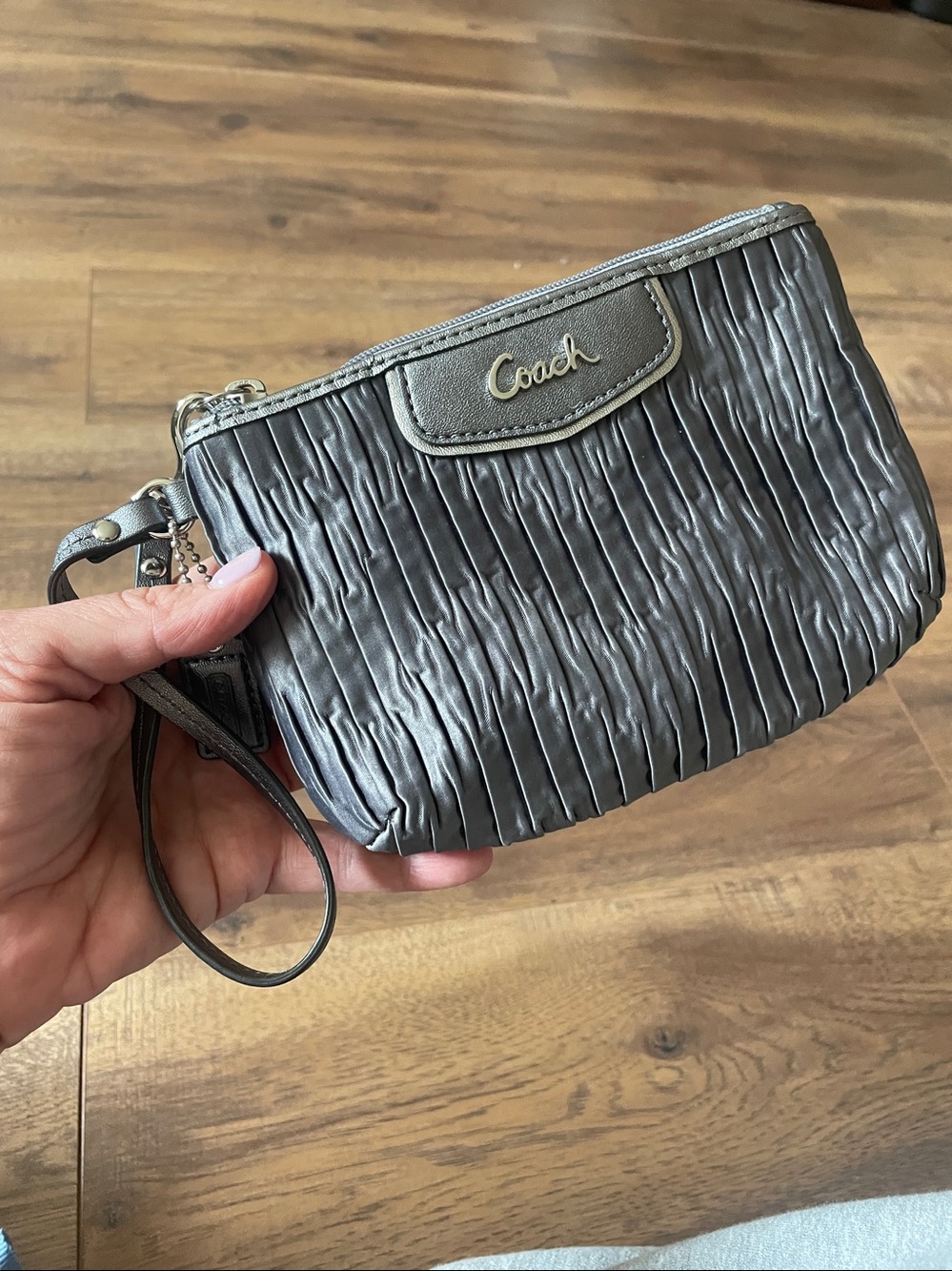 Coach Ashley pleated satin zippered wristlet in gray